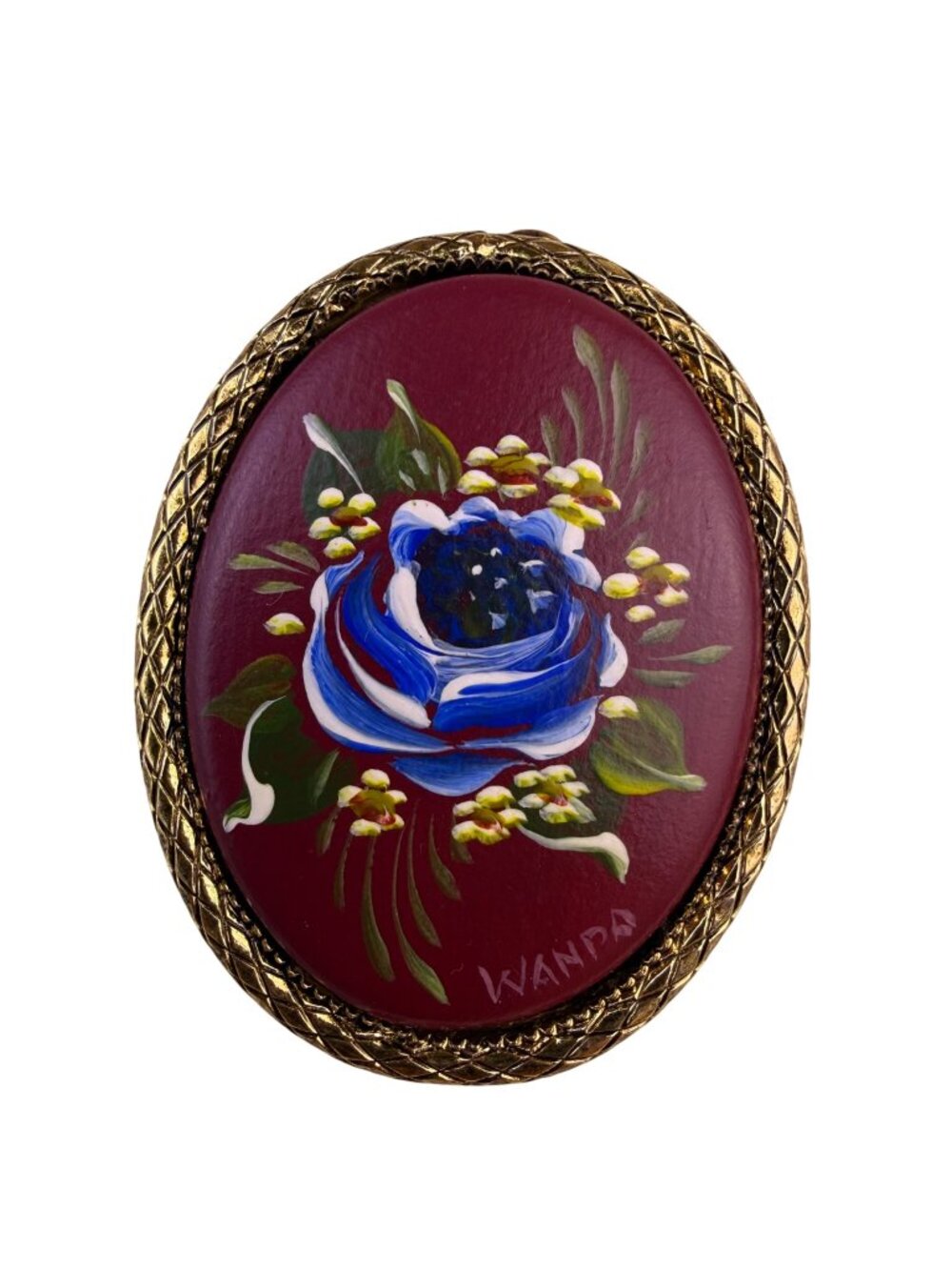 Vintage Hand-Painted Womens Burgundy Resin Brooch Gold-Tone Floral Oval Cabochon